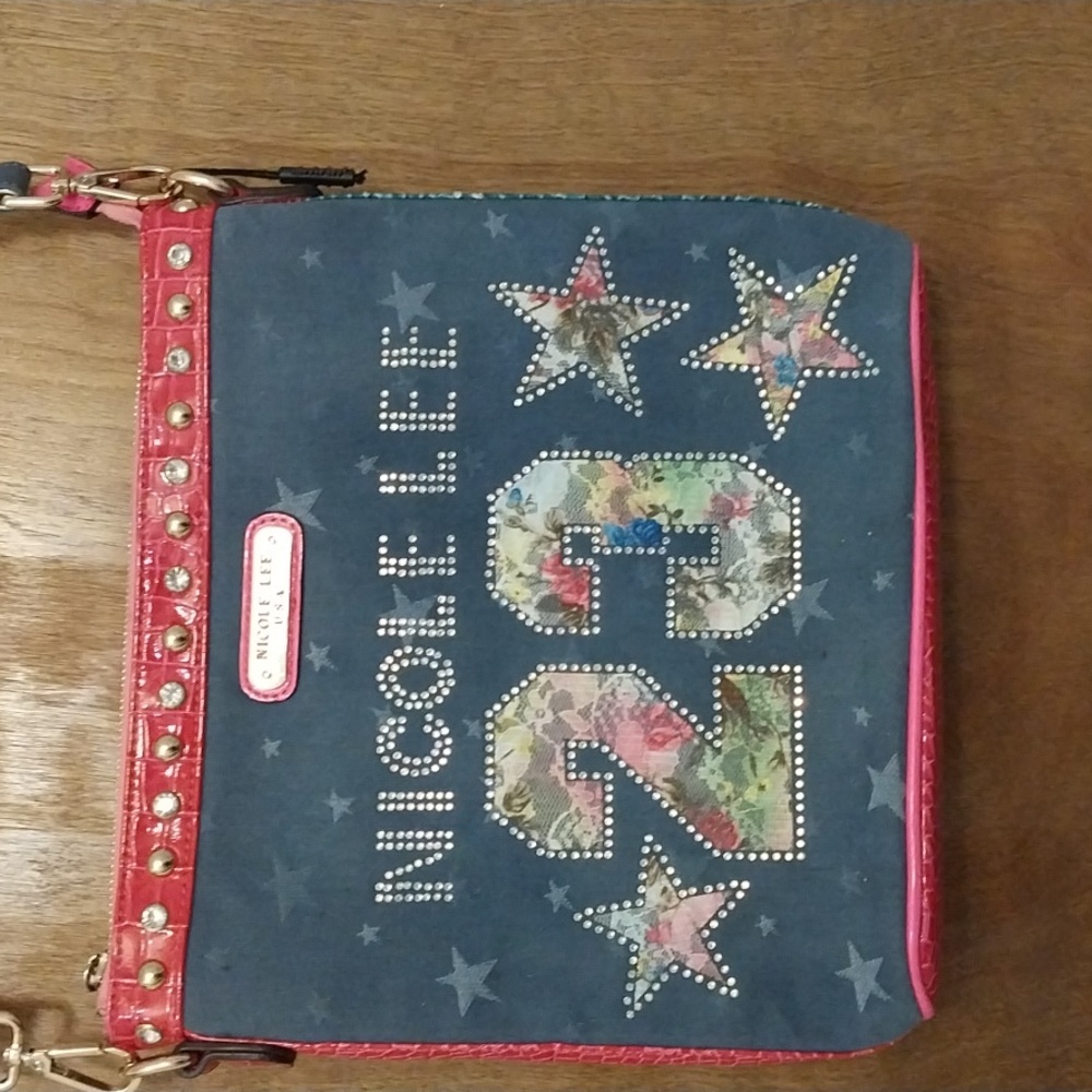NICOLE LEE "23" sparkling, studded, embellished shoulder bag w/pops of hot pink